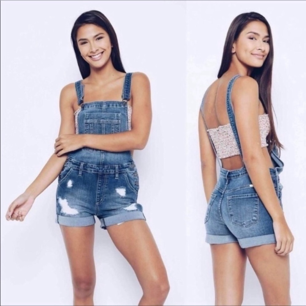 KanCan Blue Distressed Denim Short Overalls